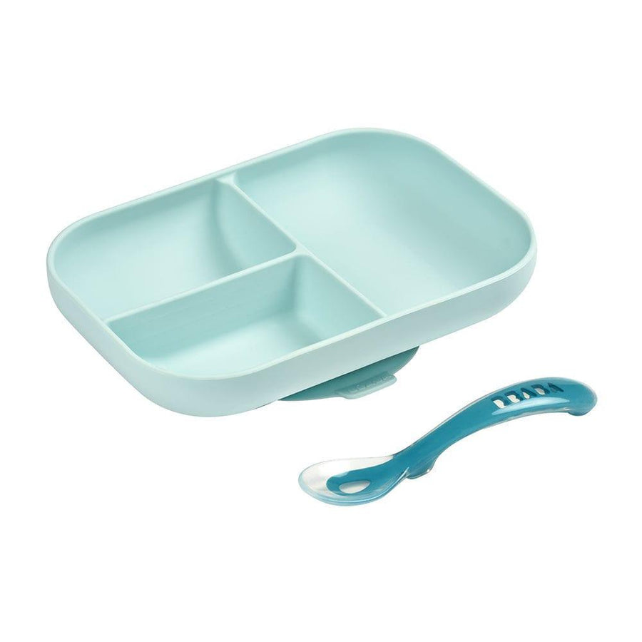 Beaba Beaba Silicone Suction Divided Plate & Spoon - Blue