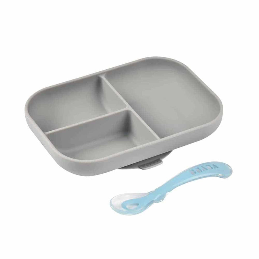 Beaba Beaba Silicone Suction Divided Plate & Spoon - Grey