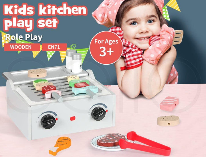 BoPeep Kids Kitchen Play Set Wooden Toys Children Cooking BBQ Role Food Home Cookware