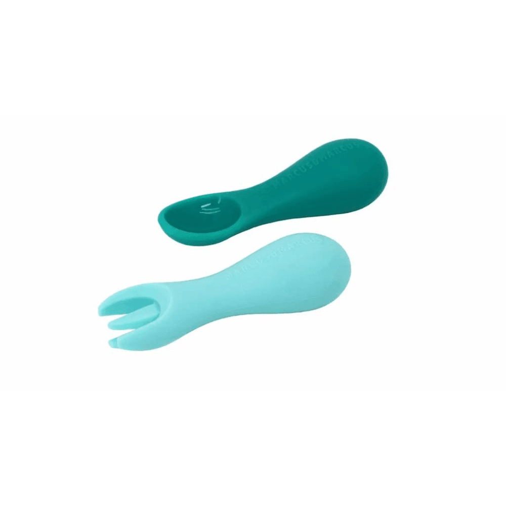 Marcus&Marcus Ollie the Elephant green Marcus & Marcus -Palm Grasp Silicone Spoon & Fork Set