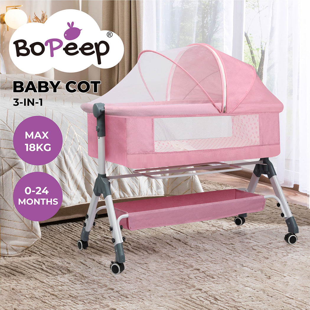 Bopeep Baby Cot Bed Crib Portable Bassinet Safety Fence Adjustable Bedside Pink