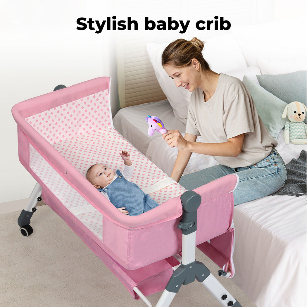 Bopeep Baby Cot Bed Crib Portable Bassinet Safety Fence Adjustable Bedside Pink