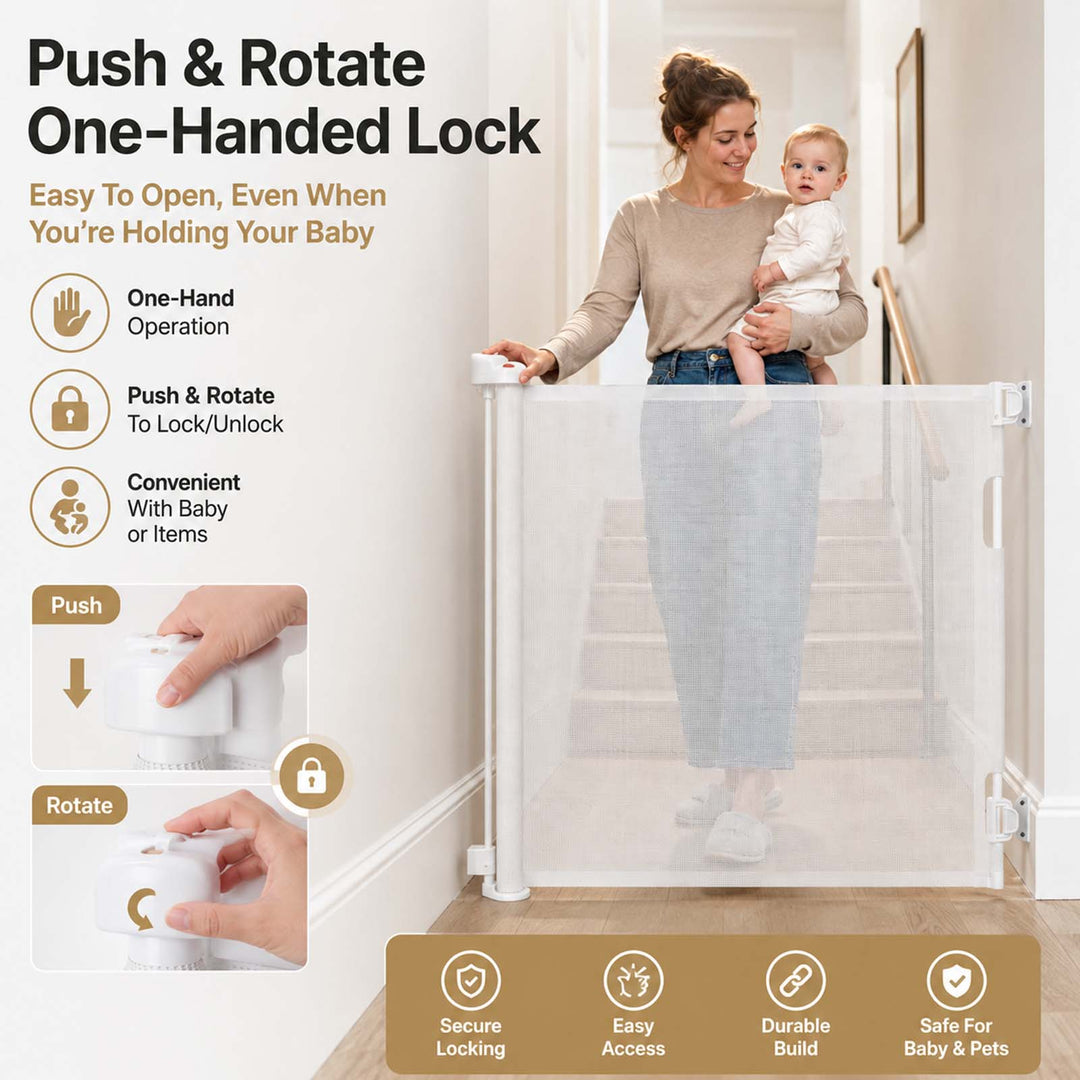 Retractable Baby Gate 150cm No Drill One-Hand Lock  for Hallways Grey