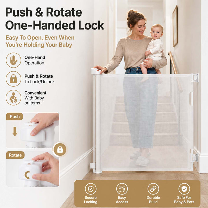 Retractable Baby Gate 150cm No Drill One-Hand Lock  for Hallways Grey
