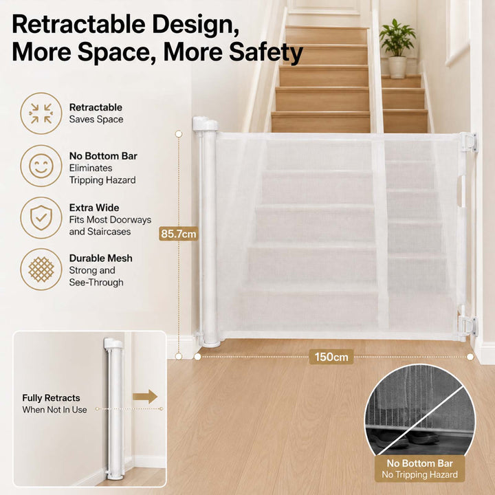 Retractable Baby Gate 150cm No Drill One-Hand Lock  for Hallways Grey