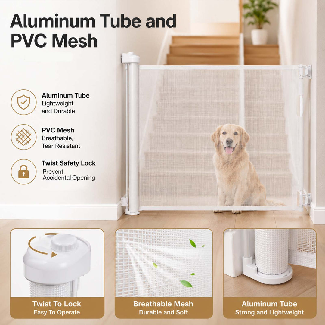 Retractable Baby Gate 150cm No Drill One-Hand Lock  for Hallways Grey