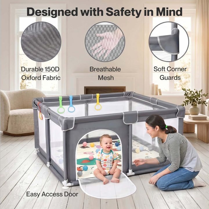 BoPeep Baby Playpen 150x180cm Large Play Pen Foldable Mesh Oxford Grey