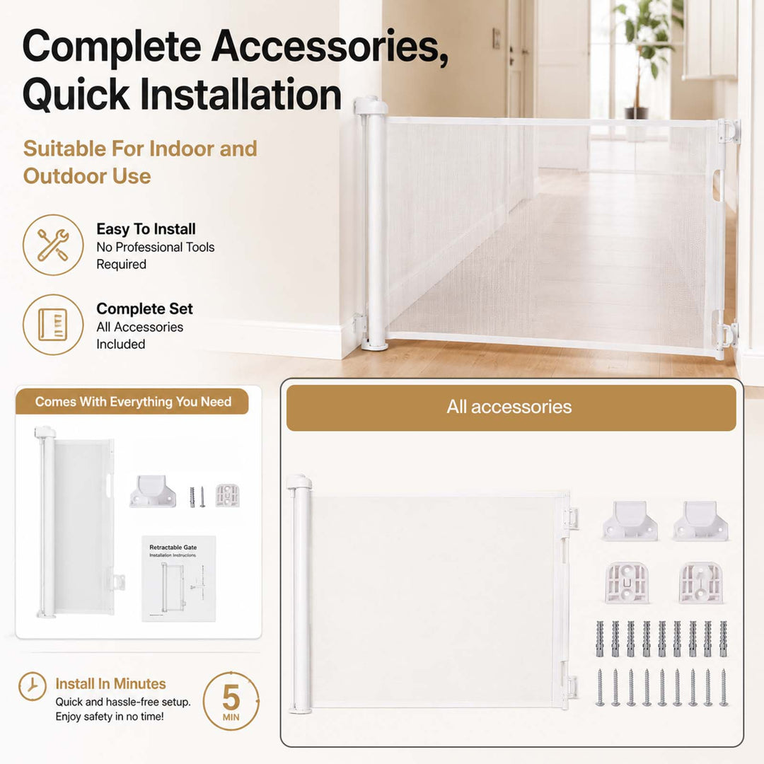 Retractable Baby Gate 150cm No Drill One-Hand Lock  for Hallways Grey