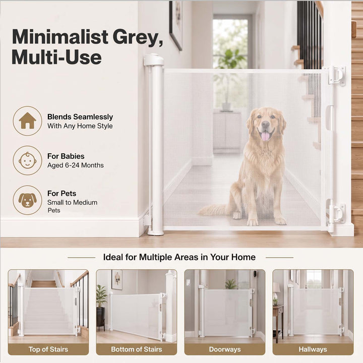 Retractable Baby Gate 150cm No Drill One-Hand Lock  for Hallways Grey