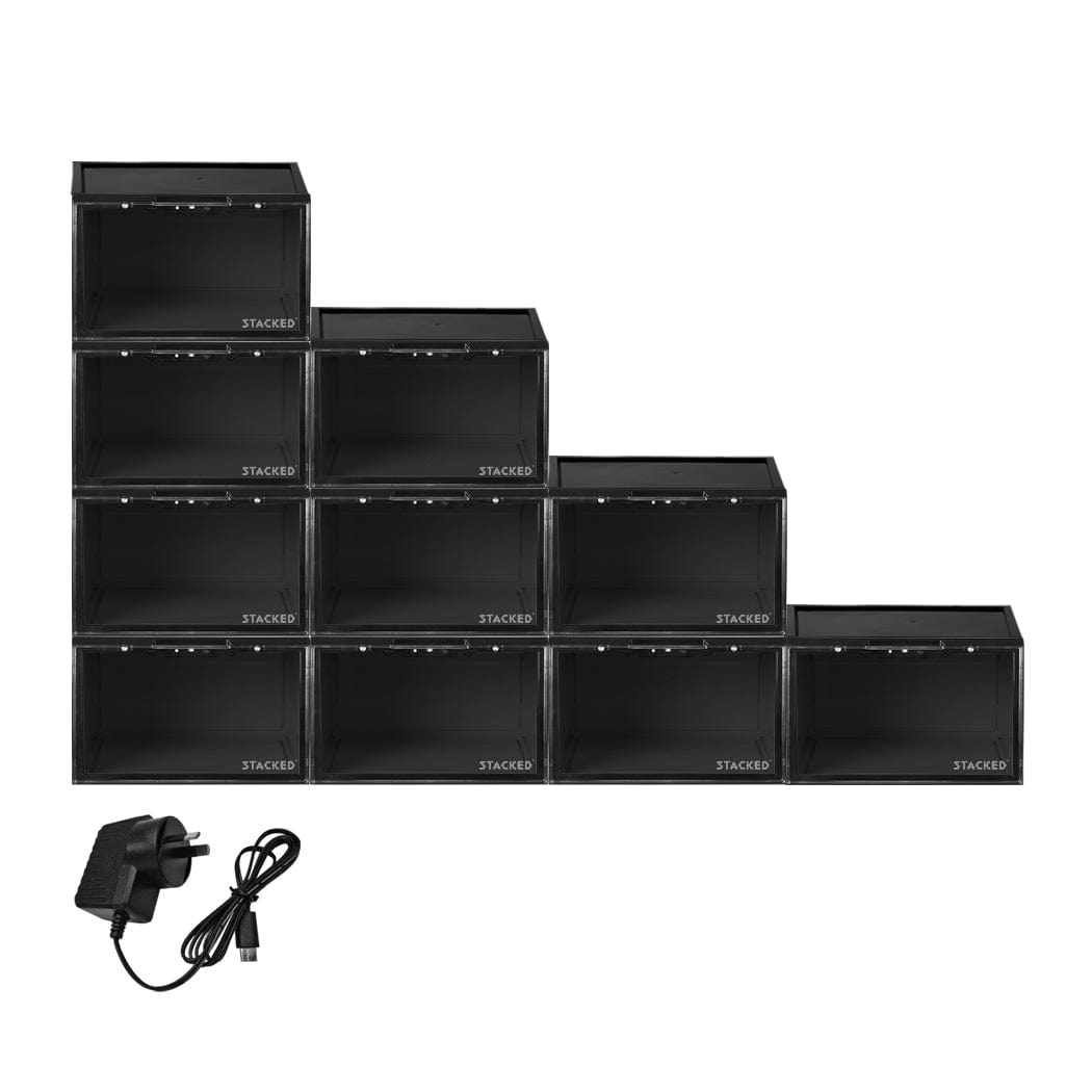 Stacked Storage Black / 10 Pcs Stacked LED Voice-Activated Display & Storage Boxes
