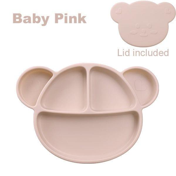 Lupipop Pink Grosmimi Bear Silicone Suction Food Plate with Silicone Lid